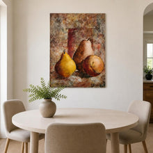 Load image into Gallery viewer, Computer-generated illustration: Alicia Quaini oil painting Pears, a 30 by 40 inch still life of pears, shown hanging in a bright dining room above a round table