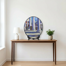 Load image into Gallery viewer, Computer-generated illustration: Randy Smith oval oil painting Rotunda Portico on a display stand on a console table