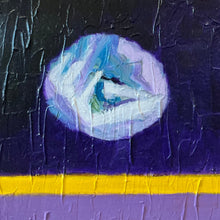 Load image into Gallery viewer, Detail shot of the moon rendered in textured blues and whites against a dark purple abstract background.