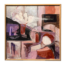 Load image into Gallery viewer, Abstract acrylic painting by Aina Nergaard featuring red, purple, and ochre geometric forms in a wood frame.