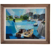 Load image into Gallery viewer, Framed painting of a harbor scene with boats and a wooden frame.