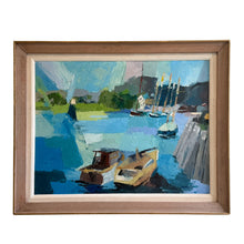 Load image into Gallery viewer, Framed painting of a harbor scene with boats and a wooden dock.