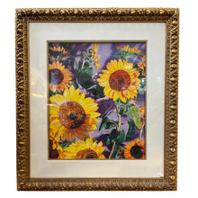 Load image into Gallery viewer, full view of brett livingstone's Sunflowers lithograph featured in a matted, gold frame.