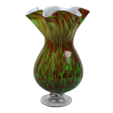 Load image into Gallery viewer, Hand-blown glass vase with a ruffled rim and orange splatter over green, on a clear base, about 14 inches tall