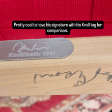 Load image into Gallery viewer, Detail of the KnollStudio manufacturer tag and Jens Risom's signature on the underside of the chair.