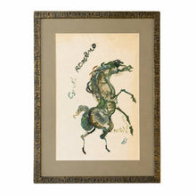 Load image into Gallery viewer, Full view of Pietro Lazzari's Cavallo Romano (1961), a watercolor on paper depicting a rearing horse rendered with fluid, expressive brushwork, presented in a decorative frame with moss green matting.