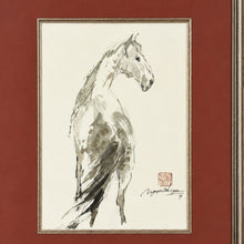 Load image into Gallery viewer, Close-up detail of N. C. Nguyen's Alert Horse watercolor highlighting the horse's upright posture, expressive brushwork, artist signature, and red seal in the lower right corner.