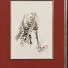 Load image into Gallery viewer, Close-up detail of N. C. Nguyen's Grazing Horse #2 watercolor showing expressive brushwork, artist signature, and red seal in the lower right corner.