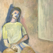 Load image into Gallery viewer, Close-up detail of the figure's face and upper body in Corner Contemplation, emphasizing the artist's expressive use of color, form, and brushwork.