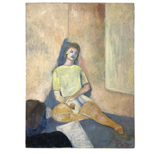 Load image into Gallery viewer, Full view of Sally Turner's Corner Contemplation, depicting a seated female figure in an interior rendered in soft, muted tones with expressive brushwork.