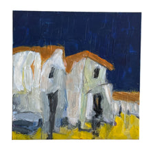 Load image into Gallery viewer, Abstract acrylic painting of white houses with ochre roofs against a deep blue sky