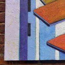 Load image into Gallery viewer, Close-up of Aina Nergaard blue Stripes painting highlighting geometric building forms and linear composition.
