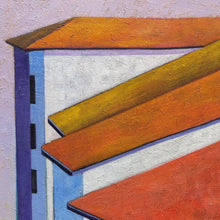 Load image into Gallery viewer, Additional full view of Aina Nergaard Blue Stripes painting showing bright orange roofs of structure.