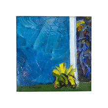 Load image into Gallery viewer, A canvas painting featuring a vibrant blue sky with a yellow flower in the foreground on a grassy surface, with an abstractly painted building in the background.
