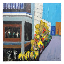 Load image into Gallery viewer, Acrylic painting Half Full 1569 by Aina Nergaard featuring a colorful architectural streetscape with bold geometry.
