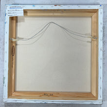 Load image into Gallery viewer, Back of canvas showing hanging hardware and original label with title, number, medium, and dimensions.