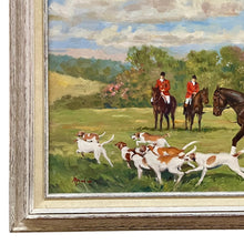 Load image into Gallery viewer, Detail of Al Rossi First Rate Pack painting showing figures and dogs within a hunting scene and visible brushwork.