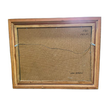 Load image into Gallery viewer, Reverse of Al Rossi Lone Seagull painting showing handwritten title and size 18 by 24 on back of frame.