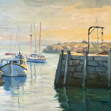 Load image into Gallery viewer, Detail of harbor scene in Al Rossi Lone Seagull painting showing water, docks, and surrounding landscape.