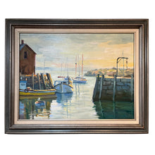Load image into Gallery viewer, Oil painting titled Lone Seagull by Al Rossi depicting a harbor scene with boats, docks, and calm water.