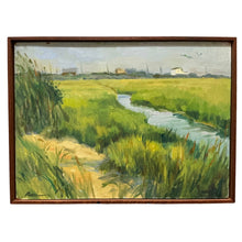 Load image into Gallery viewer, Marsh landscape painting with winding waterway and visible signature in Al Rossi Marshes.