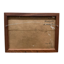 Load image into Gallery viewer, Back of painting with handwritten note reading Marshes N Jersey Shore on Al Rossi artwork.