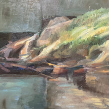 Load image into Gallery viewer, Close-up of Misty Cove painting by Al Rossi highlighting shoreline and landscape detail with visible brushwork.