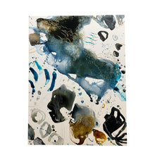 Load image into Gallery viewer, Mixed media abstract panel with blue, black, and white forms from Alison Cooley’s Tidal Series I, Panel 3