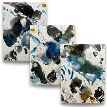 Load image into Gallery viewer, Three-panel mixed media abstract triptych with blue, black, and gray forms by Alison Cooley from Tidal Series I