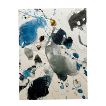 Load image into Gallery viewer, Mixed media abstract panel with blue, black, and gray forms from Alison Cooley’s Tidal Series II, Panel 4