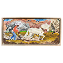 Load image into Gallery viewer, Oil painting titled American Indian Plowing by Barbara Latham depicting a figure plowing a field with animals in a rural landscape.