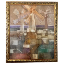 Load image into Gallery viewer, Abstract painting of stylized windmills over a geometric landscape, in an ornate gold-toned frame.