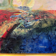 Load image into Gallery viewer, Close-up of signature on abstract oil painting by Carlos “Sueños” Ortiz, 1987.