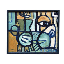 Load image into Gallery viewer, Abstract cubist still life painting featuring geometric vessel forms and a stylized eye motif in layered navy, aqua, cream, and ochre tones within a dark wood frame.