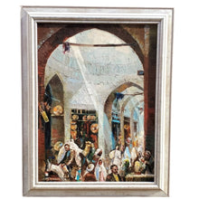 Load image into Gallery viewer, A vibrant oil on canvas painting depicting a bustling market scene, with people engaging in various activities, set against a backdrop of stalls and arches, framed in a silver wooden frame.