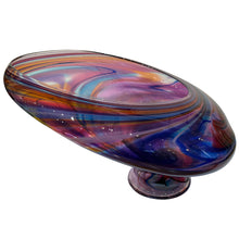 Load image into Gallery viewer, Art glass centerpiece by David Goldhagen, 1993, featuring a flowing multicolor form with iridescent surface and sculptural profile.