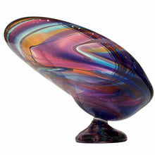 Load image into Gallery viewer, Side view of David Goldhagen art glass centerpiece showing curved form and layered multicolor bands.