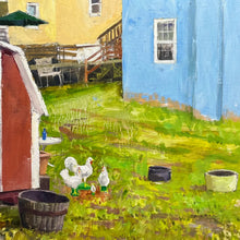 Load image into Gallery viewer, Close-up of “Four Chickens” by Edward Thomas showing chickens gathered in a grassy yard with buckets, a red shed, and blue building in the background.
