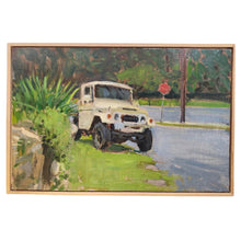 Load image into Gallery viewer, Oil painting of a white Land Cruiser parked roadside with greenery, in a wood frame.