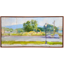 Load image into Gallery viewer, Oil painting of a Charlottesville streetscape with roadway, parked cars, and distant hills under a soft sky, in a wood frame.