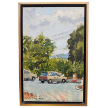 Load image into Gallery viewer, Oil painting of a red Honda Civic parked along a tree-lined Charlottesville street, in a wood frame.
