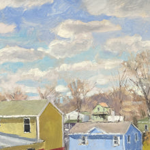 Load image into Gallery viewer, Zoomed in detailed view of Edward Thomas' Rooftops painting, showing a cloudy blue sky above colorful houses.