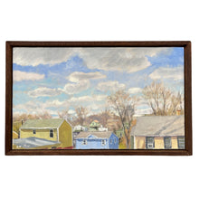 Load image into Gallery viewer, Small landscape painting by Edward Thomas depicting colorful neighborhood rooftops beneath a wide cloud-filled sky with soft pastel tones and delicate brushwork, presented in a dark wood frame.