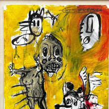 Load image into Gallery viewer, Detail of Hen Pecked painting by Emmeric Konrad showing handwritten title at top edge of artwork.