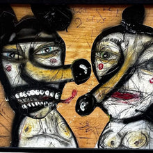 Load image into Gallery viewer, Detail of front side of Emmeric Konrad double-sided artwork showing expressive figures and painted surface.