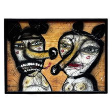 Load image into Gallery viewer, Detail of front side of Emmeric Konrad double-sided artwork showing expressive figures and painted surface.