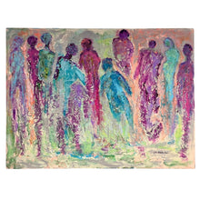 Load image into Gallery viewer, Etta Levin “Where?” abstract figurative painting with elongated figures in lavender, teal, and coral tones