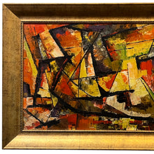 Load image into Gallery viewer, Detail of Gerald Manger Sailboats painting showing gilt frame and left side of abstract composition.