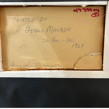 Load image into Gallery viewer, Verso of Gerald Manger Sailboats painting showing handwritten inscription noting artist, date November to December 1964, and signature.
