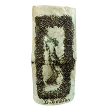Load image into Gallery viewer, A ceramic vase with cross hatching detail, predominantly in shades of gray and white, with the artist's signature 'G. HENRY' at the bottom.